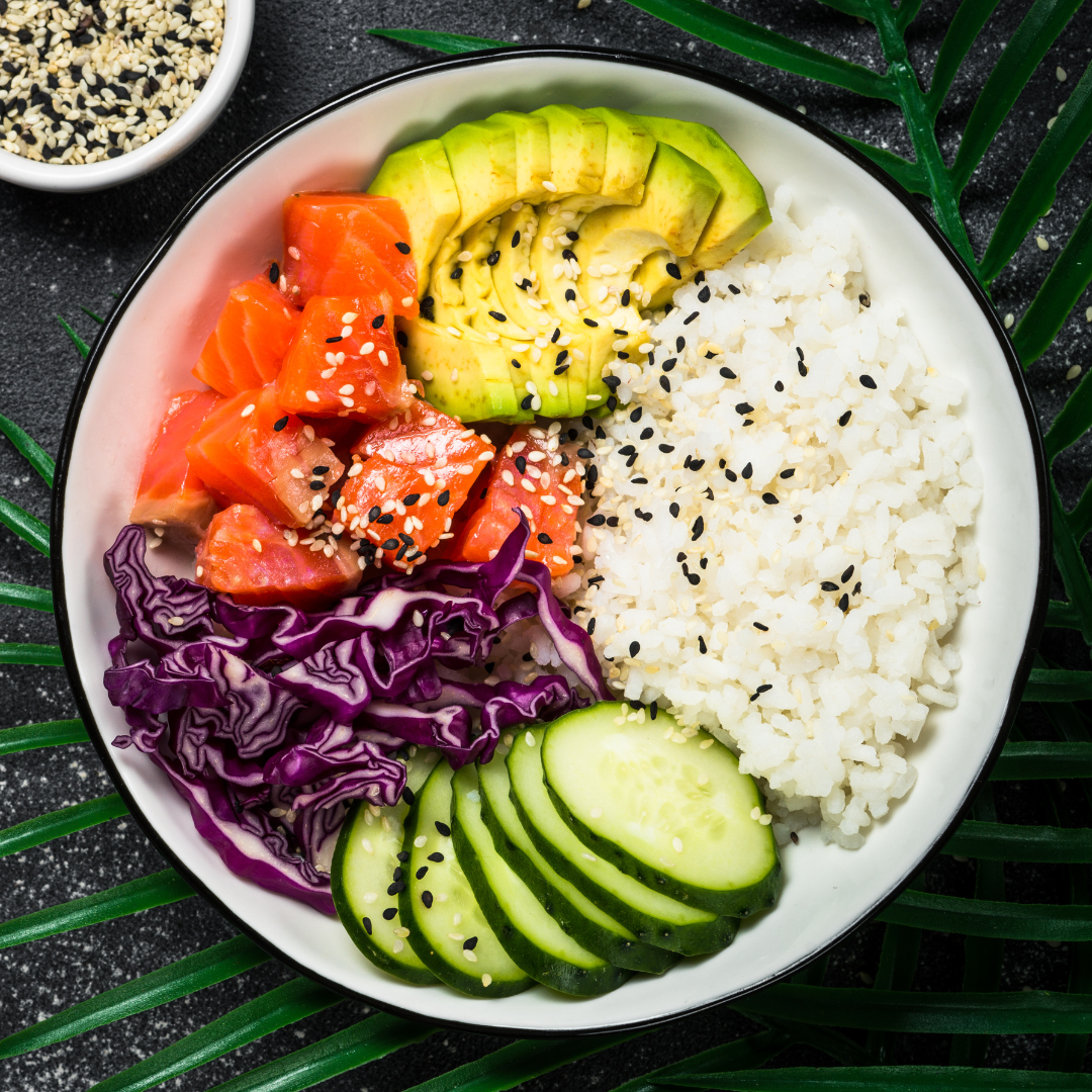 Salmon Poke Bowl with Avocado and Rice
