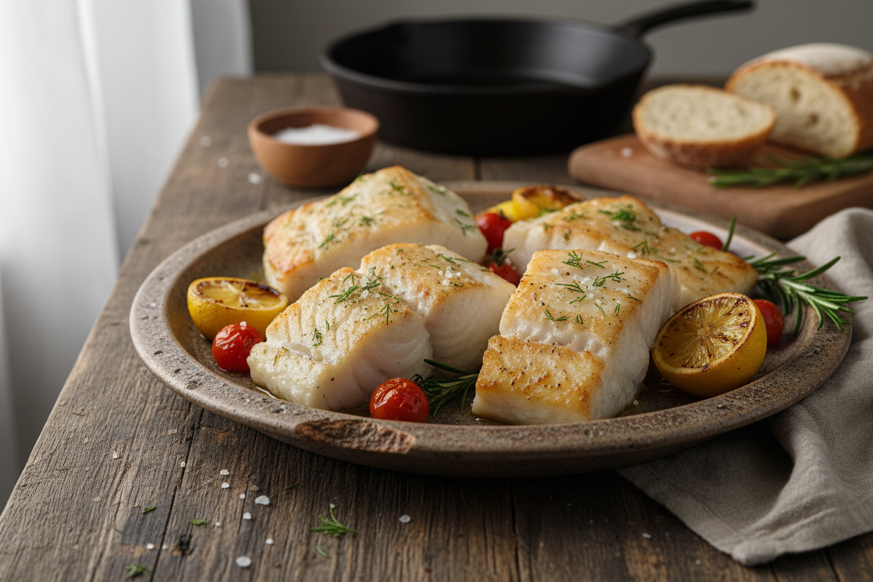 rustic halibut portions on a plate