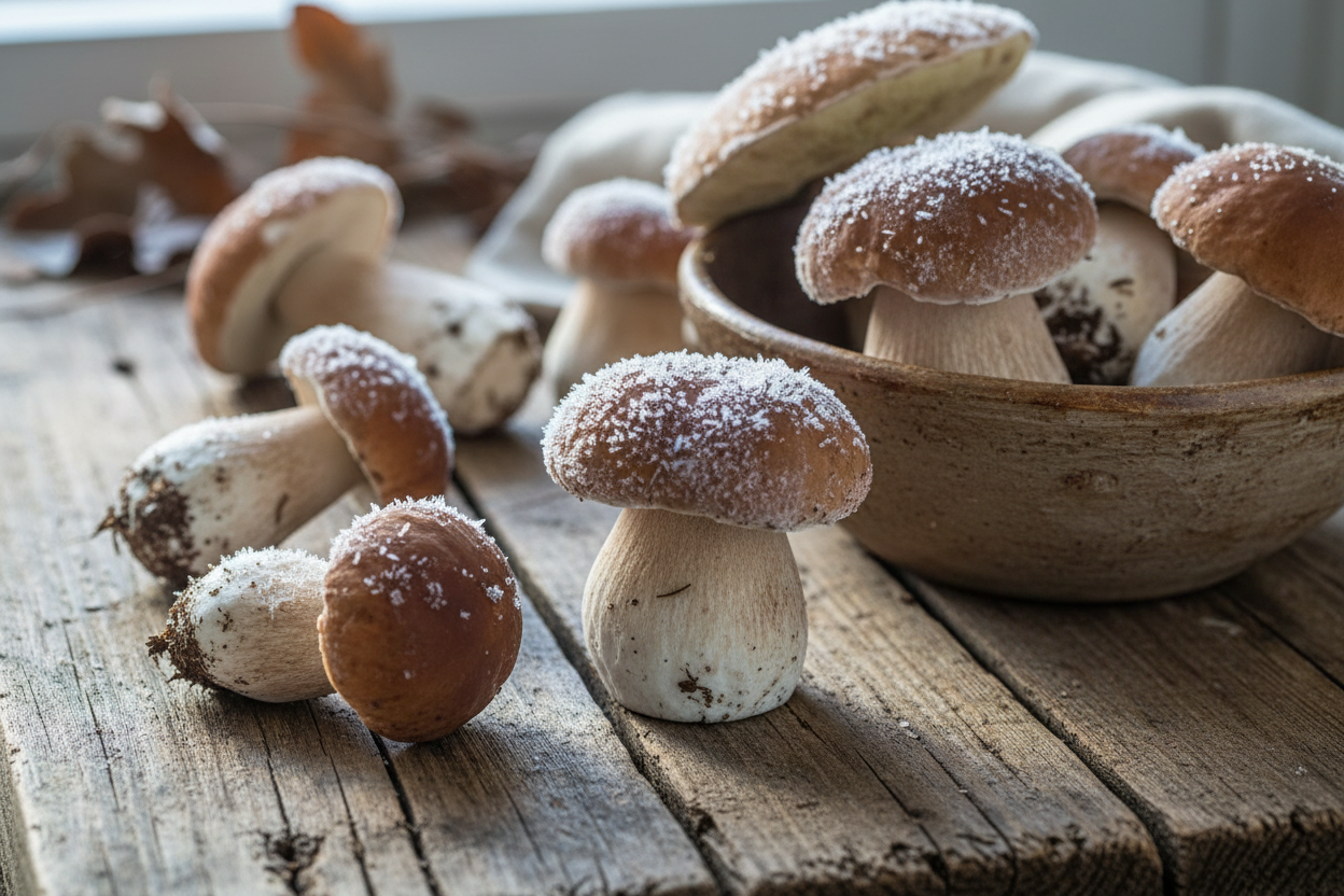 rustic image of frozen porcini mushrooms