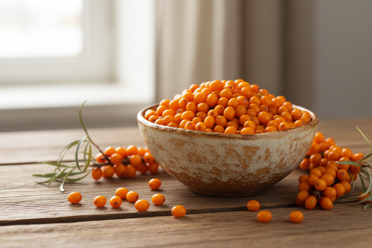 rustic photo of sea buckthorn berries in a bowl for my website