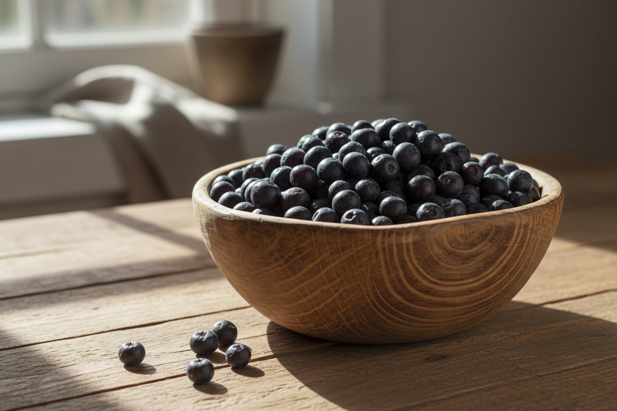 saskatoon berries in bowl rustic