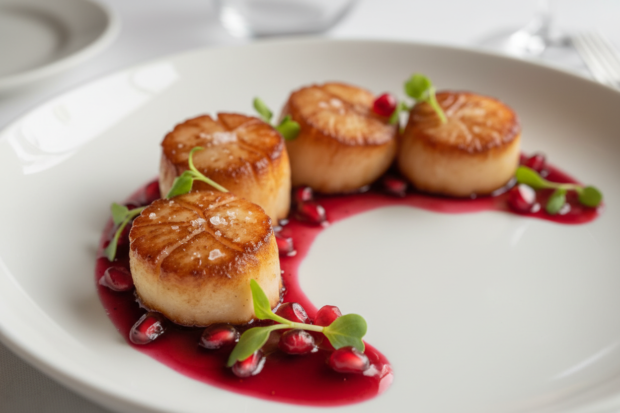 Seared Scallops with Pomegranate port Sauce