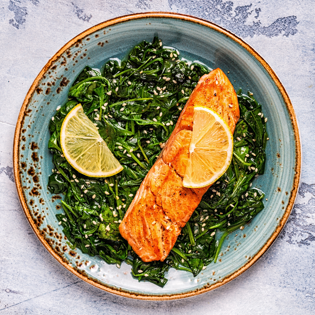 King Salmon on Sesame Sautéed Spinach