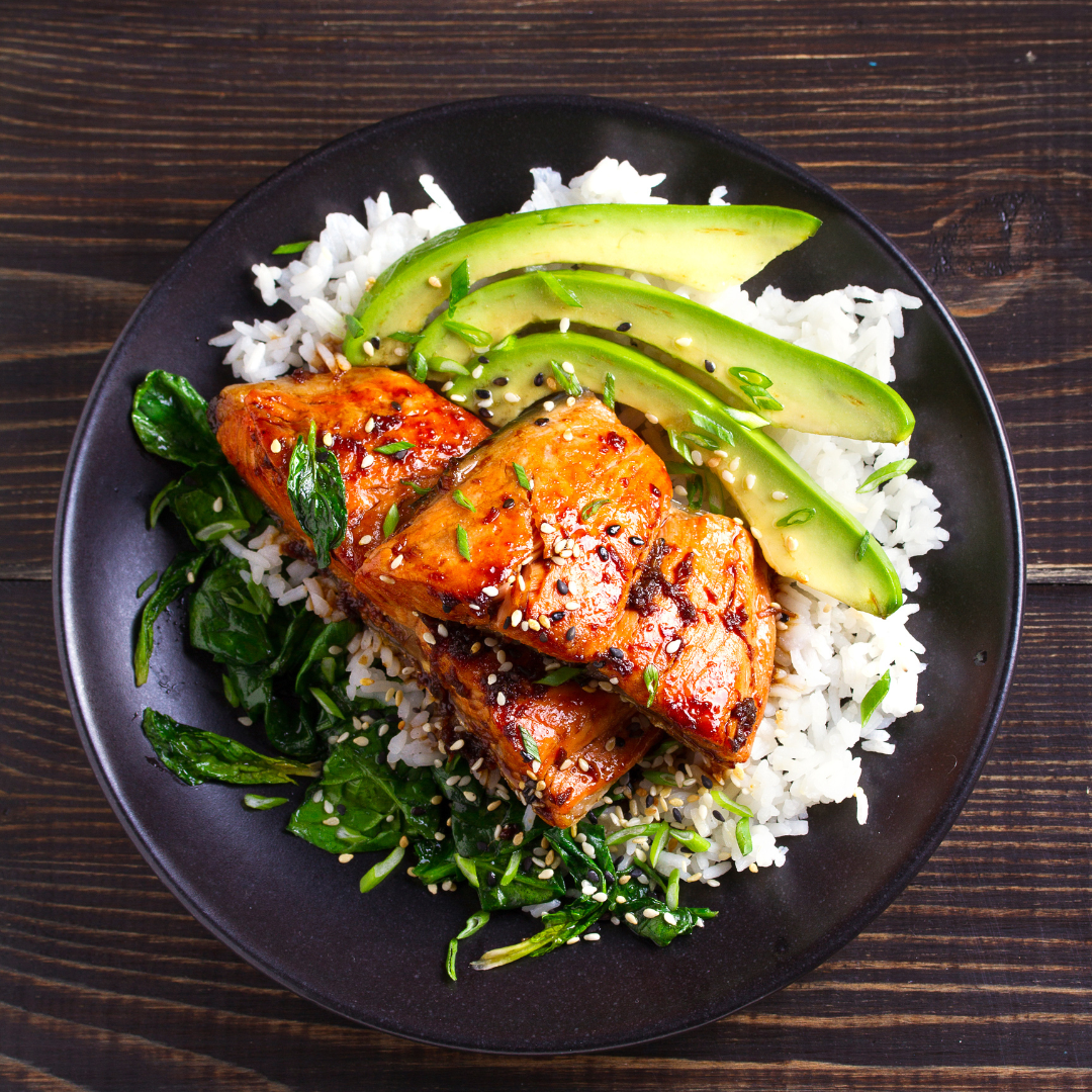 Teriyaki Salmon Bowl with Rice and Avocado