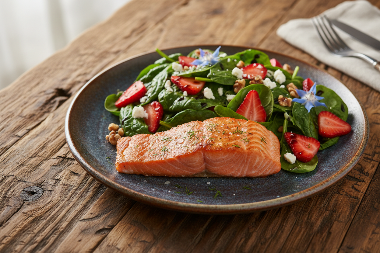 Wild Sockeye Salmon with Strawberry Spinach Salad
