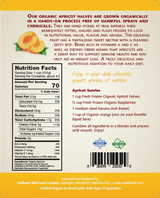 Fresh frozen organic apricot halves